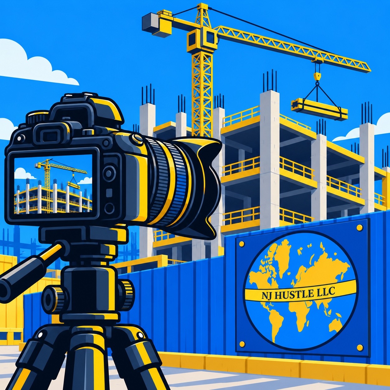 NJ Hustle brand illustration showing a tripod-mounted camera documenting a building and crane, with the NJ Hustle globe logo on a blue site fence.