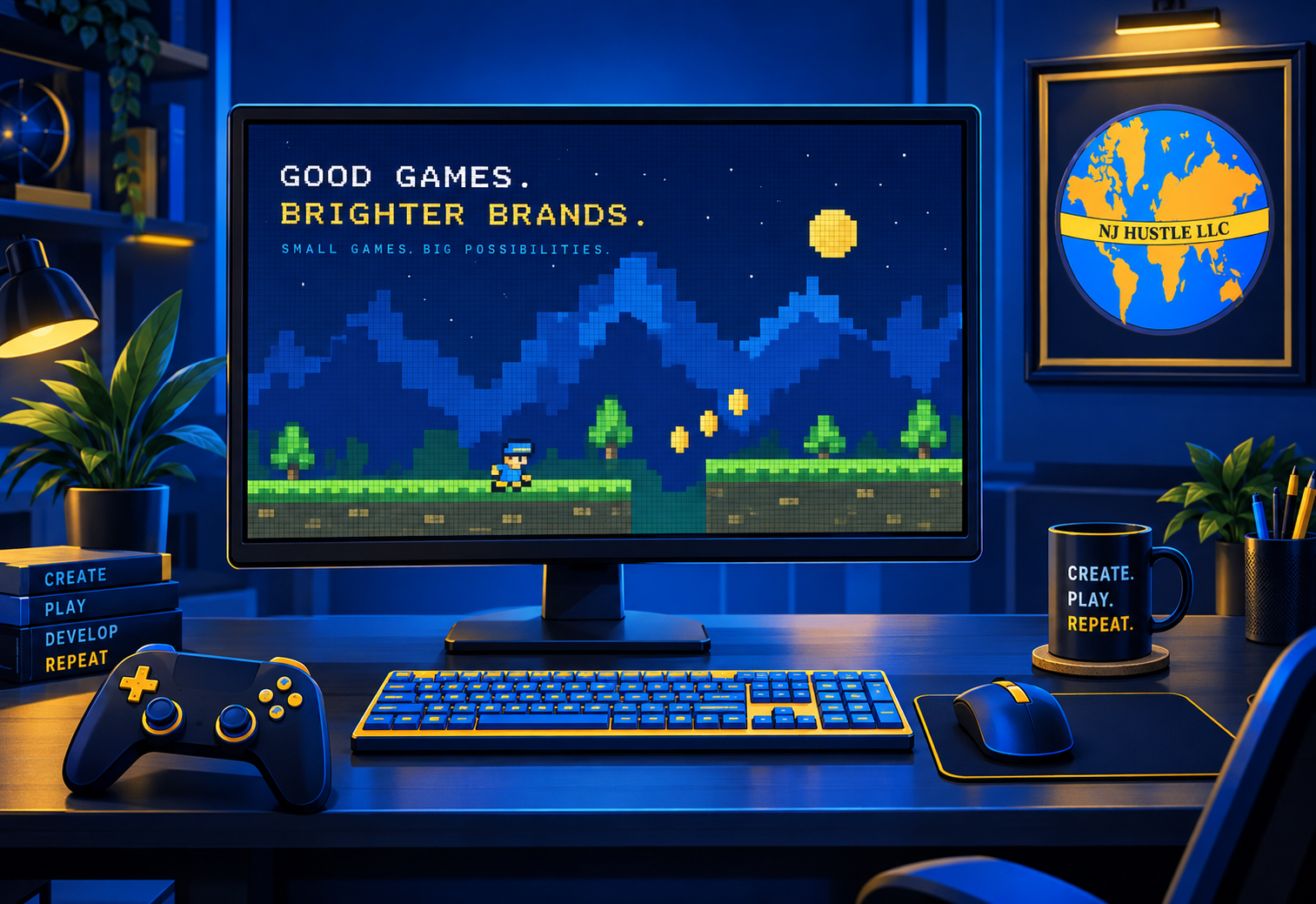 Blue-and-gold gaming workspace with an upright monitor, pixel landscape, controller, keyboard, and framed NJ Hustle logo.