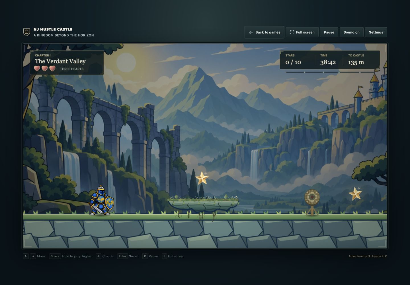 Gameplay from Quest to NJ Hustle Castle: the blue-and-gold knight explores mountain ruins, platforms, and collectible stars.