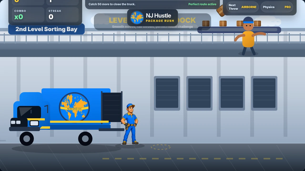 Actual gameplay screenshot of NJ Hustle Package Rush, featuring a blue NJ Hustle truck and a package-catching character